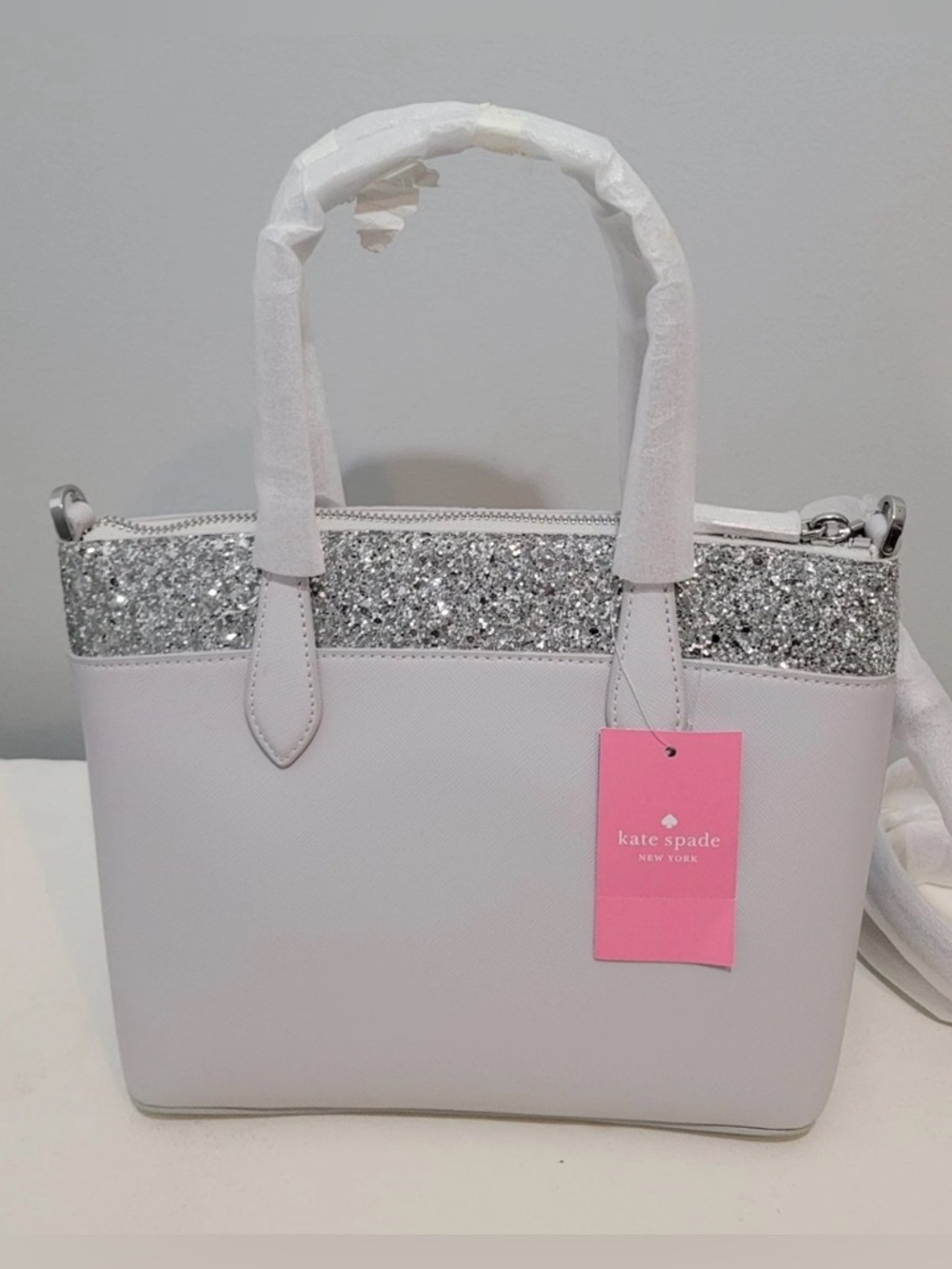 Kate Spade Flash Glitter Satchel Crossbody Bag Light Gray Silver NWT - Picture 4 of 16